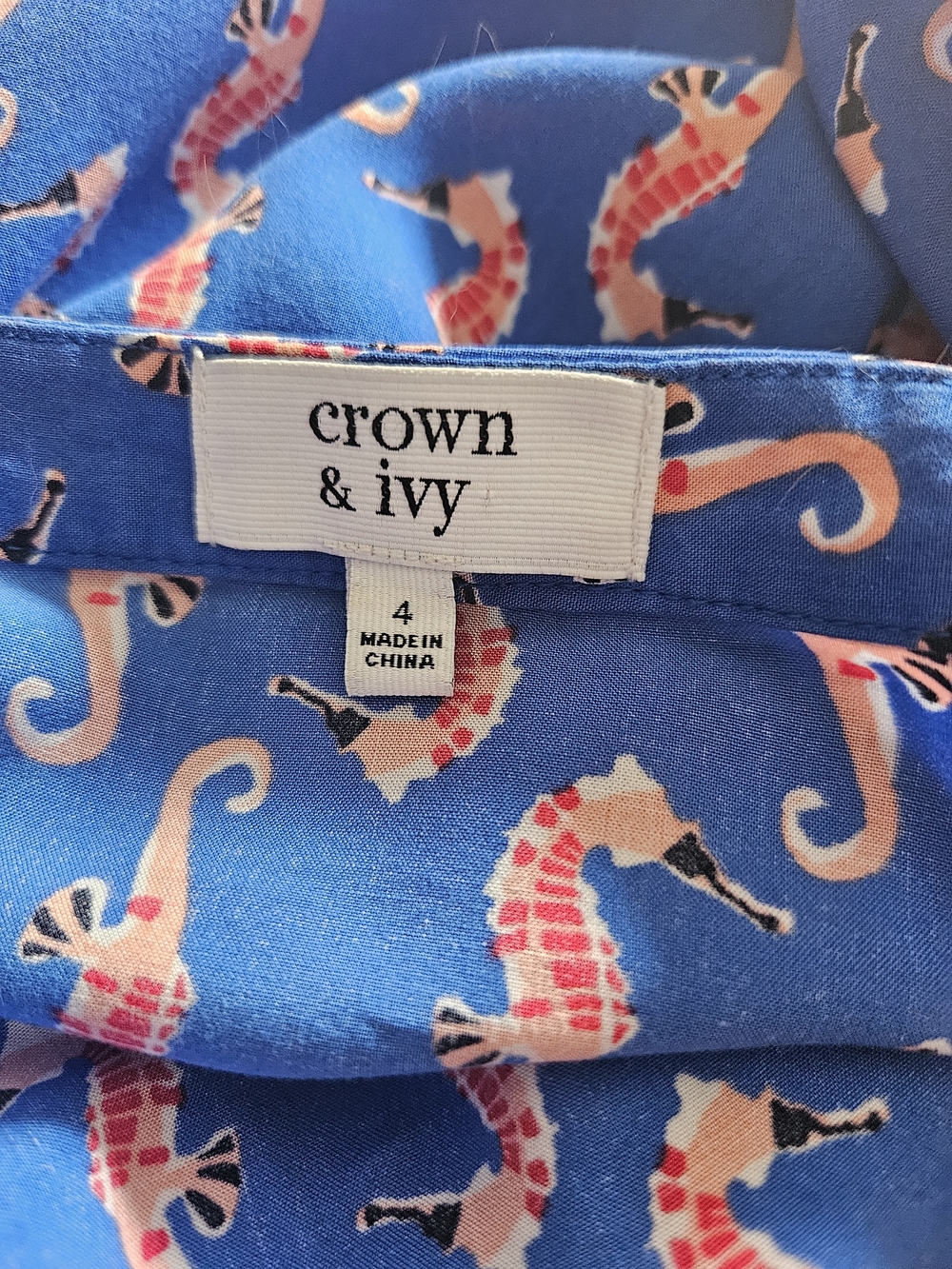 Crown & Ivy Blue Seahorse Print Long-Sleeve Drawstring Dress size 4 - Picture 7 of 11
